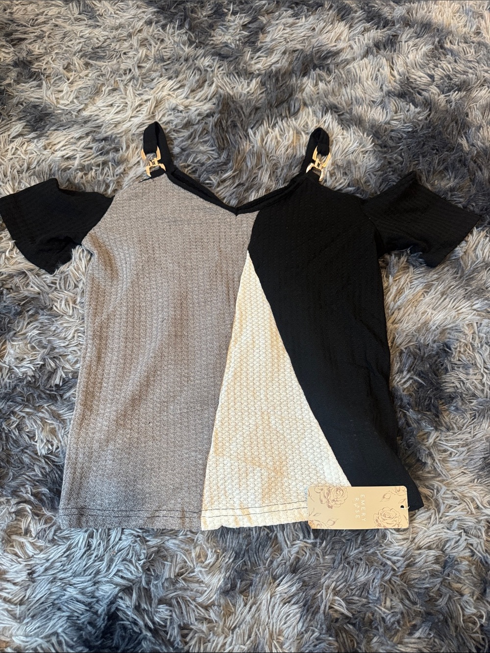 Women’s Colorblock Cold-Shoulder Top — Black, Gray, Cream